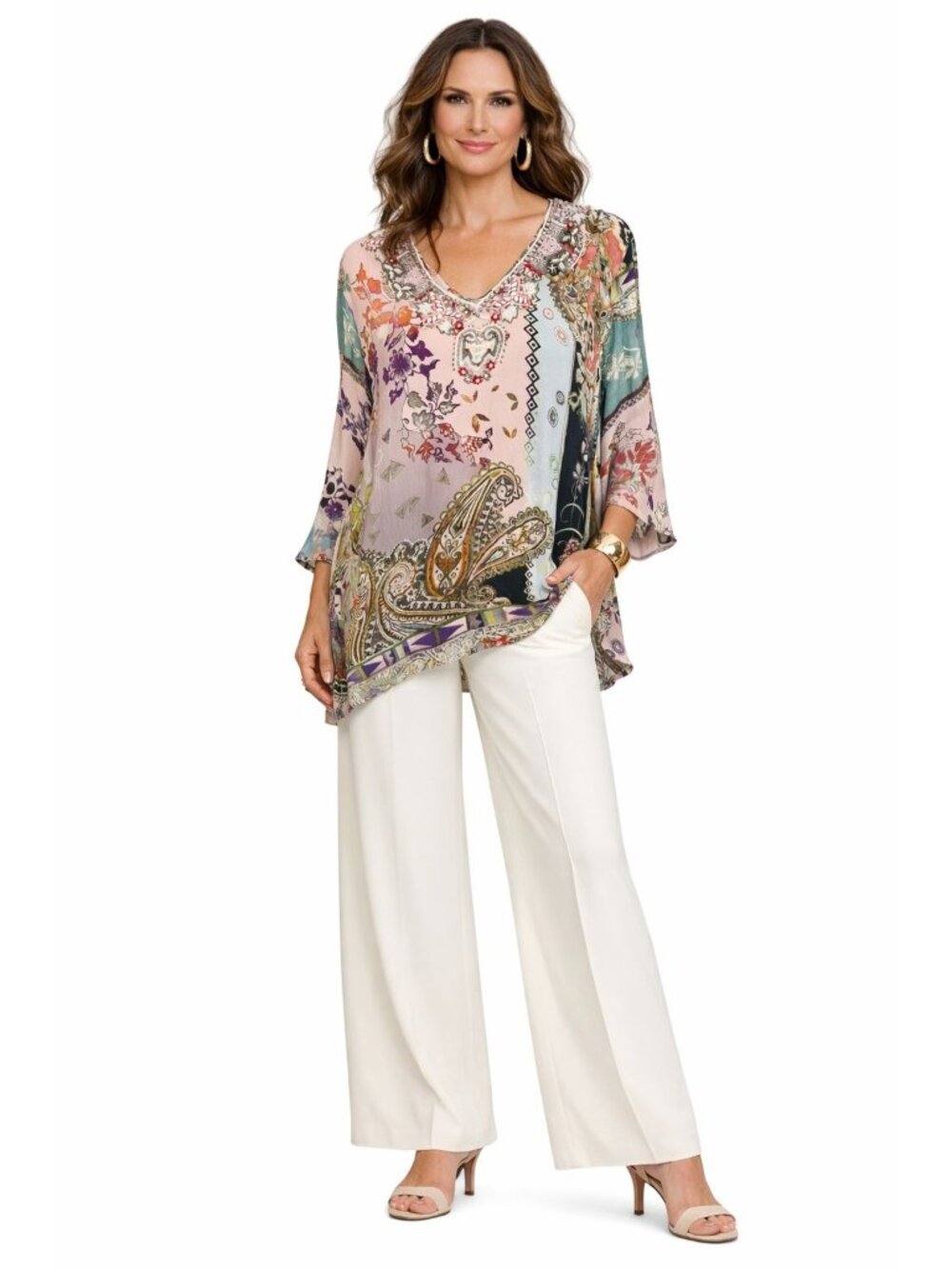 John Mark Womens M Beaded Floral Boho Artsy Tunic Top Multicolor V-Neck Resort